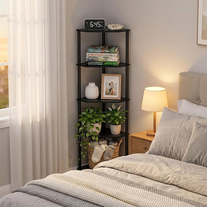 5-Tier Black Corner Shelf, Bamboo Corner Bookshelf, Indoor Plant Shelf, Kitchen Free Standing Shelf Storage Organizer, Tall Narrow Bookcase for Small Spaces, Bedroom, Living Room, Office
