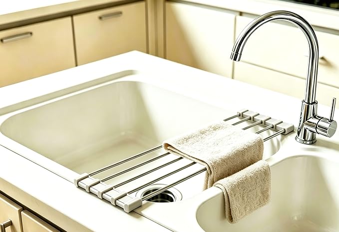 Ahyuan Roll up Dish Drying Rack Over The Sink Kitchen Roll up Sink Drying Rack Portable Dish Drainer Foldable Dish Drying Rack (Warm Gray, 17.8''X3.7'')