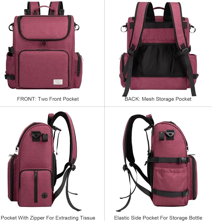 Modoker Multi-Compartment Dog Travel Backpack for Pet Supplies, Rose Red | Dog Travel Accessories Organizer with 2 Food Bags, 2 Bowls, Quick-Access Pockets, Tissue Opening, Luggage Sleeve, Feeding Mat