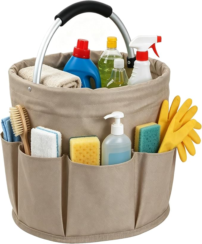 17L Cleaning Supply Caddy with Soft Handle, Portable Shower Caddy in 600D Oxford Fabric, Garden Tool Organizer Bag, Multifunctional Storage Basket for Bathroom, Garden, Khaki