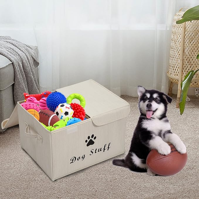 Dog toy box with lid dog storage organizer perfect basket for dog toys living room, playroom, closet, home organization and storage - Dog - Bamboo Beige