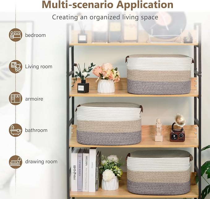 ECDYQXVU 15x10x9 Woven Cotton Rope Storage Basket, Leather Handles 3 Pack | Foldable Design, Sturdy PU Handles, Easy to Clean Organizer for Living Room, Closet, Shelves, Bedroom, Laundry, Clothes