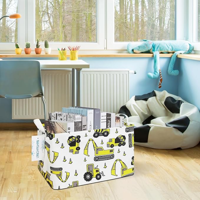 Rectangular Collapsible Storage Basket Nursery Organizer Engineering Car | Storage Bin Foldable Canvas with Handles for Organizing Home Kitchen Children Toys Office Closet Shelf Baskets