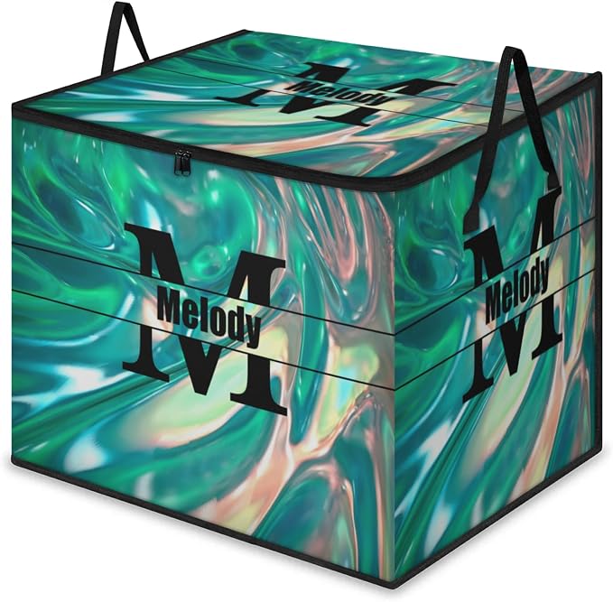 Custom Name Large Clothes Storage Organization with Lids, Black Initial Letter Kids Toys Bin Shelf Basket, Bedding Clothes Storage Bin for Nursery, Gift Basket, Abstract Green Pattern
