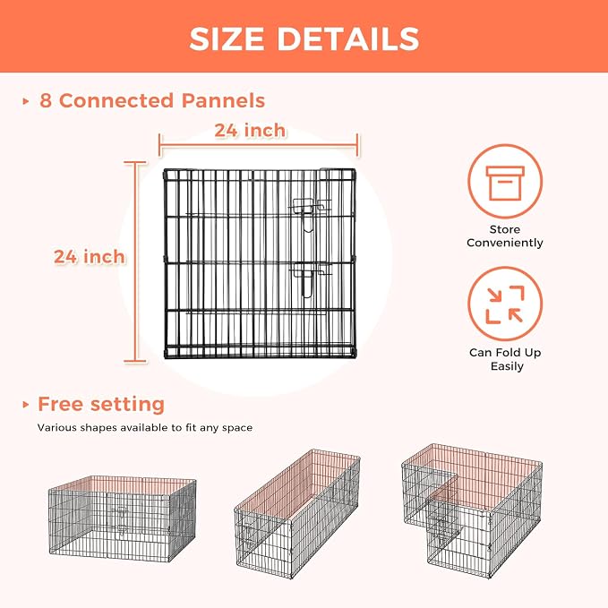 24" H Dog Playpen, 8 Panels Foldable Metal Pet Exercise Pen for Puppy | Pet Dog Fence Indoor/Outdoor Use Metal Playpen, Portable Fence with Door for Yard Garden Camping, Black