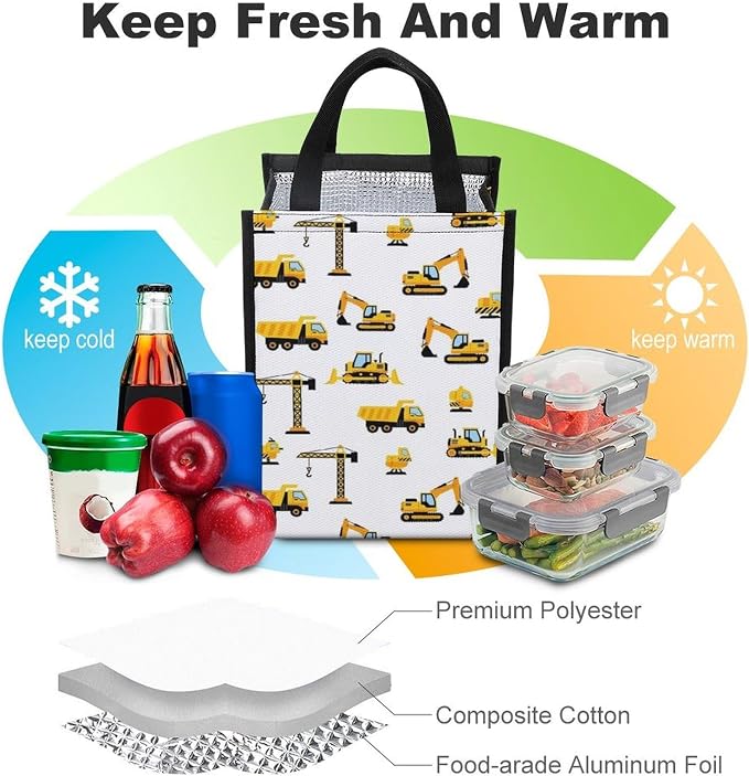 Portable Thermal Lunch Totes Reusable Leakproof Lunchbox Compatible with Construction Equipment Forklifts Cranes Excavators Tractors Bulldozers Truck Insulated Cooler Bags Food Meal Handbag