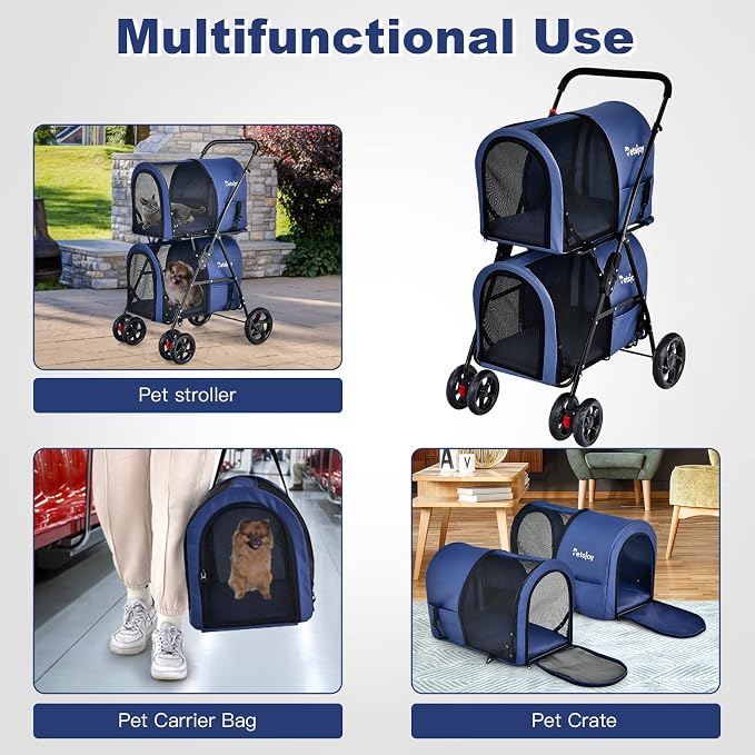 PETSITE Double Dog Stroller, Foldable Pet Stroller for 2 Dogs & Cats Small Medium Sized with Detachable Carrier on Wheels, Ideal for Car Seat Walking Camping Travel