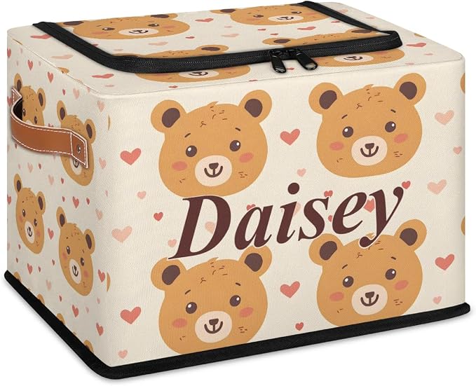 Custom Cute Bear Storage-Bin With Zipper Lid for Kids-Girls-Boys-Baby-Pet,Personalized Name Foldable Storage Box with Handle,Baby Basket With Label for Bedroom Nursery Toy Clothes,Beige