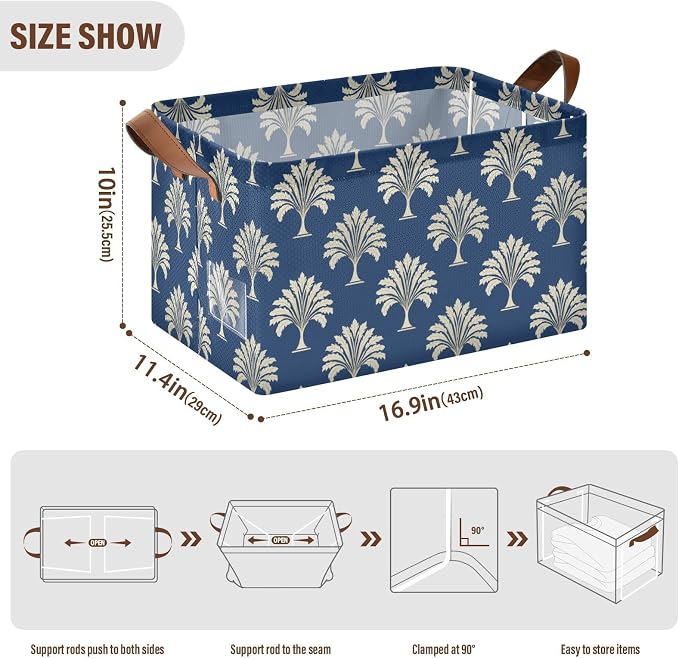 Navy Blue Bg Vintage Exotic Tree Storage Basket Foldable Cube Storage Bins with Handles&Label Waterproof Organizer Box Bin Large Rectangle Decorative Baskets for Shelves Home Room Laundry-2 Pack