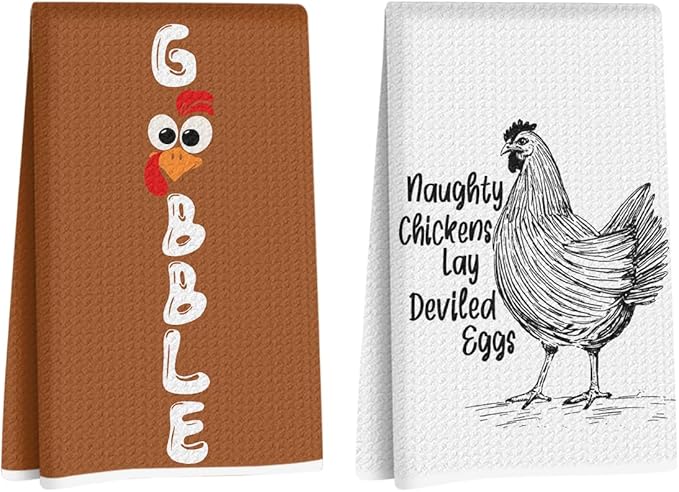 2 Pcs Funny Gobble Chicken Kitchen Towels 24x14 Inch, Chicken Lovers Gifts Reusable Dish Towels for Kitchen Farmhouse Decor, Waffle Weave Hand Cloth Tea Towel, Humorous Gifts for Women Friend