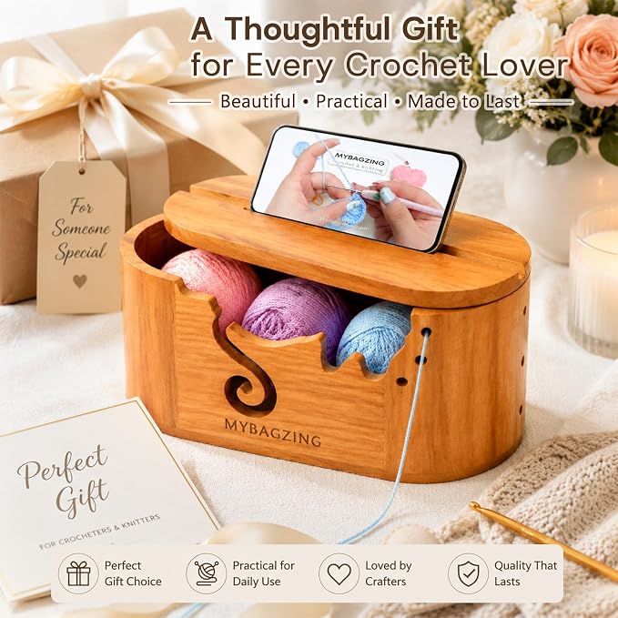 MYBAGZING Wooden Yarn Bowl with Lid, Large Acacia Crochet Yarn Holder with Phone Stand & Tool Tray, Yarn Storage Organizer for Knitting & Crocheting, Floral Design Gift for Crocheters