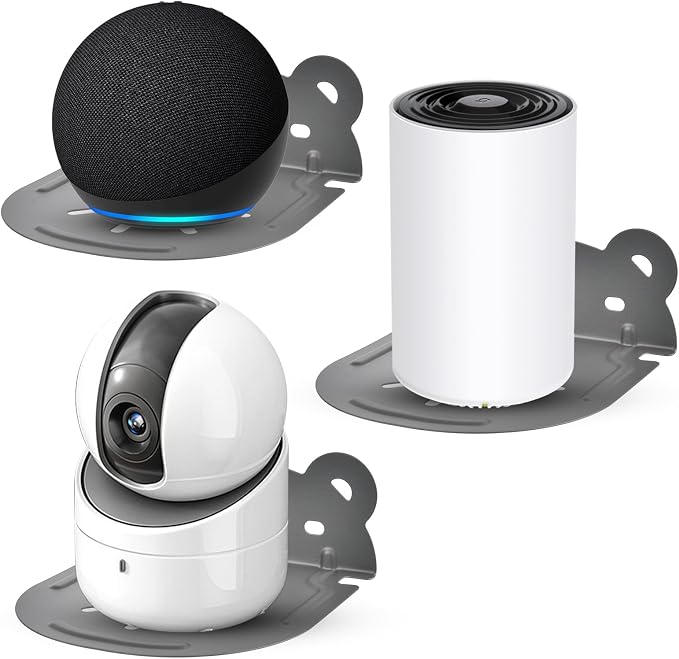 Small Wall Shelf Mount, Stainless Steel for Security Cameras/Baby Monitors/Speakers - with No-Drill Adhesive & Cable Management Holes (3-Packs)