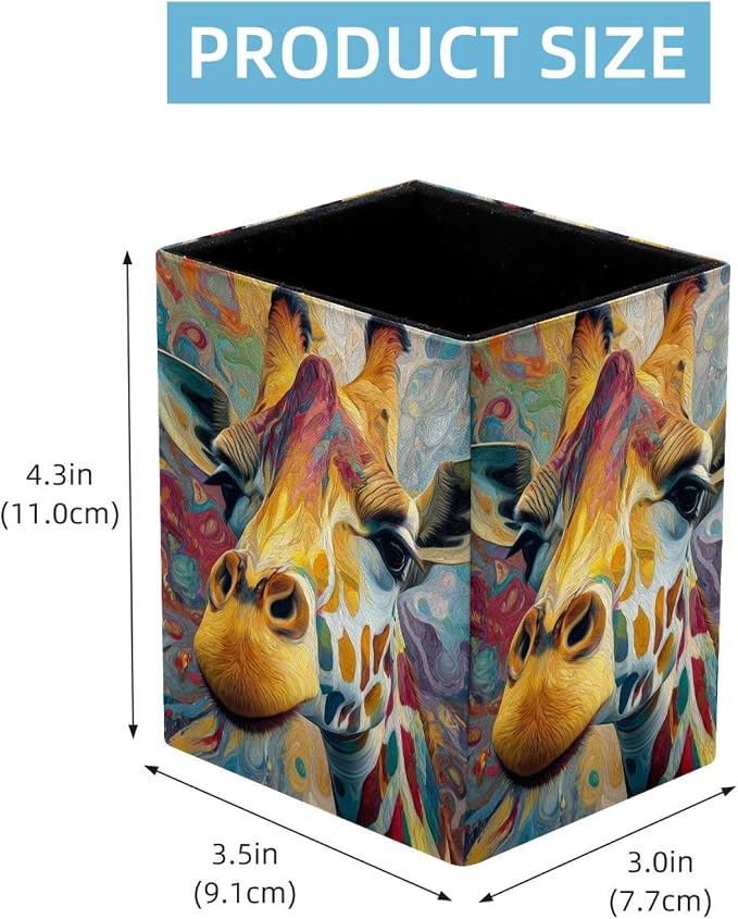 Giraffe Pen Holder for Desk Decor, Rectangular PVC Leather Pencil Cup for Desk Pen Organizer, Makeup Brush Holder for School, Home, Office