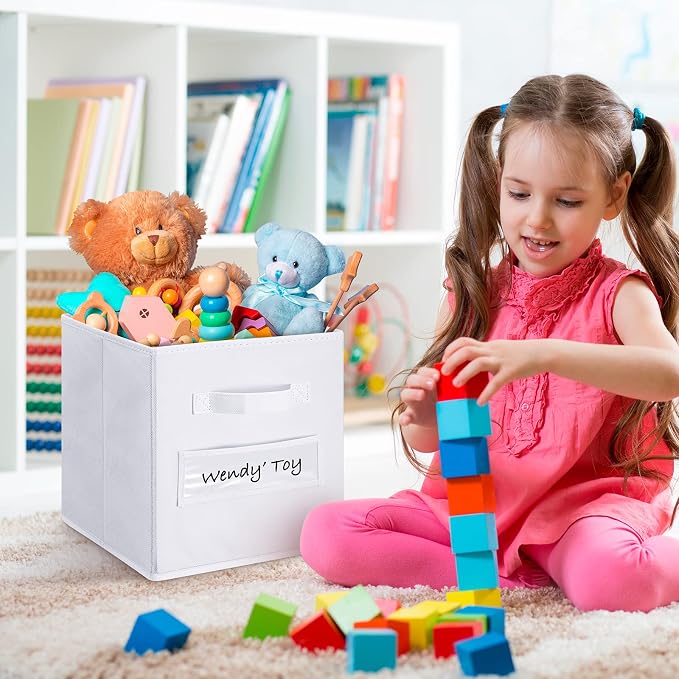 Fabric storage cubes (Set of 10) 11 Inch Cube Storage Bin, cube storage with 8 Labels Window Cards & a Pen, Foldable cube organizer bins, 11x11 storage bin, Cubby Organizer bins, White