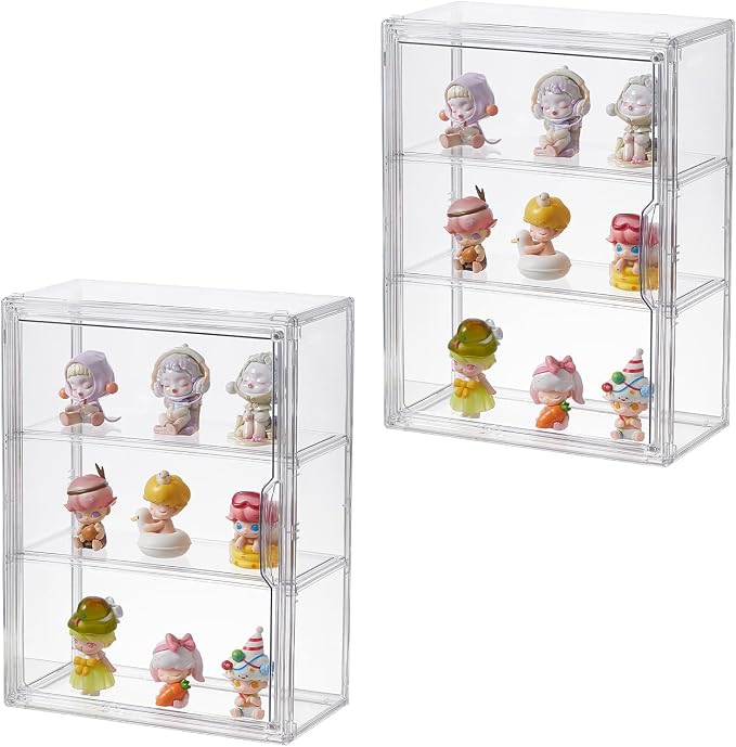 3 Tiers Clear Acrylic Display Case, Plastic Storage Bins with 2 Adjustable Divider and Magnetic Door,Stackable Display Box for Figures Showcase (2pack)