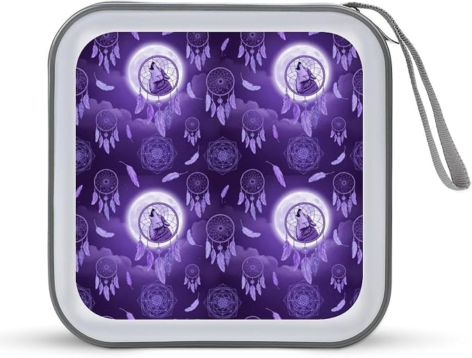 Protective 40-Disc CD/DVD Wallet Native Dream Catcher American Wolves Purple, Hard Plastic Storage Binder with Handle, Portable Organizer for Car Office Travel