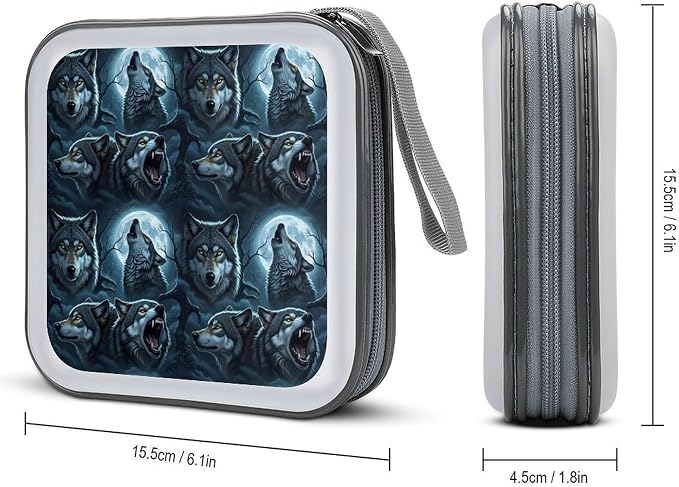 Portable 40-Disc CD Storage Binder Moon Wolf, Hard Case Wallet with Handle, Protective Organizer for Movies Music Travel