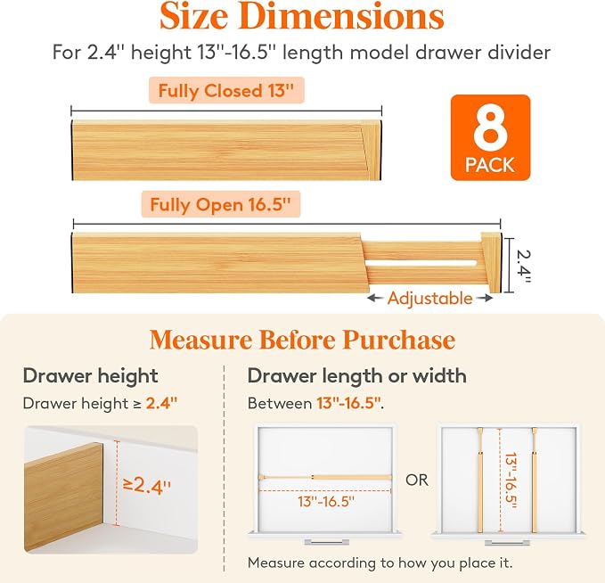 Lifewit 2.4" Kitchen Drawer Dividers, Adjustable Bamboo Drawer Organizers | 8 Pack 13"-16.5" Expandable Drawer Separator for Clothes, Utensils, Dresser, Cabinet, Closet, Nursery Organization & Storage