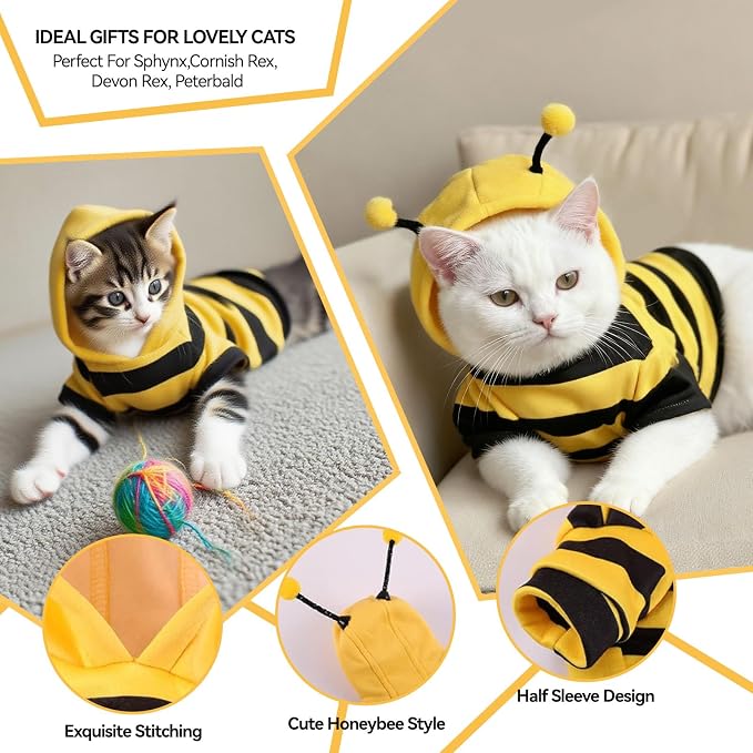 Bumblebee Cat Costume for Sphynx & Small Dogs, Fit Halloween, Yellow, S | Cute Bee Stripes Hoodie, Soft Warm Fleece, Holiday Cosplay Outfit, Daily Leisure Wear, Easy to Put, Safe for Leash Walking
