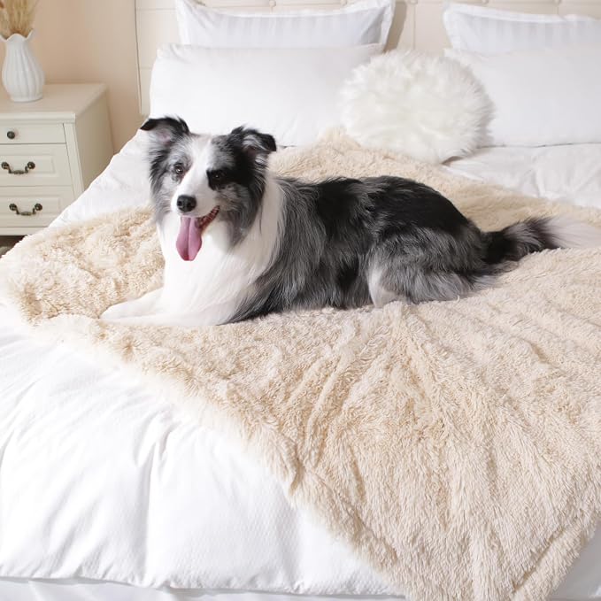 gogobunny Waterproof Dog Blanket for Couch & Furniture Protection - Super Soft Reversible Throw for Large Dogs & Cats, Calming Washable Fur & Sherpa Pet Blanket (60x80 Inch, Beige)