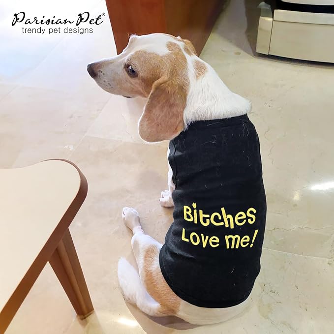 Parisian Pet Dog Shirt – 100% Cotton Bitches Love Me Shirts for Large Dogs – Black Sleeveless Puppy Clothes – Breathable Boy Dog Clothes – Summer Pet Apparel - Stretchable Tshirts for Dogs