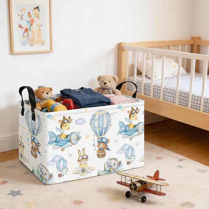 Rectangle Foldable Storage Basket Handles For Home, Airplane Animal | Waterproof canvas material, reinforced handles, perfect for shelf use, organizes clothes, daily items and pet supplies