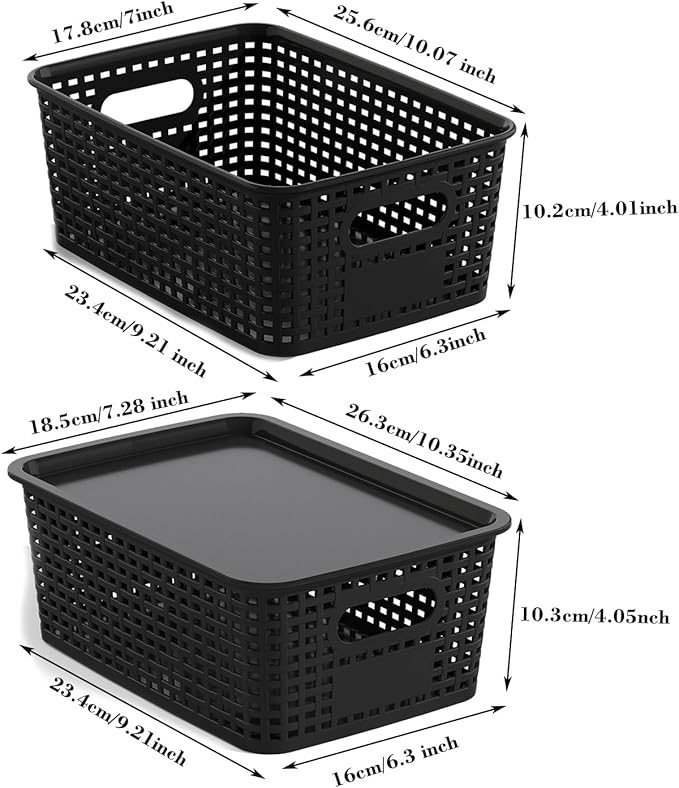 ORGIDOL Plastic Storage Basket with Lids 12 Pack Stackable Black Storage Bins Containers with Lid, Decorative Storage Boxes for Organizing Shelves, Drawers, Playroom, Classroom, Office, Closet