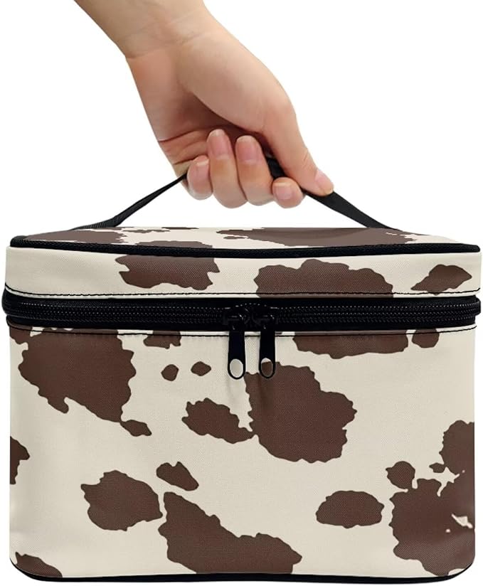 Brown Cow Print Makeup Bag for Women Lightweight Travel Makeup Bag With Handle Womens Cosmetic Makeup Organizer Vanity Case for Holiday Trip