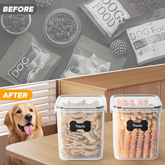 qeerable Airtight Dog Treat Jars with Scoops & Tongs - Small Pet Food Storage Containers for Kitchen Counter - 2-Pack Clear Plastic Dog Treat Holder & Canister for Puppy Training Rewards