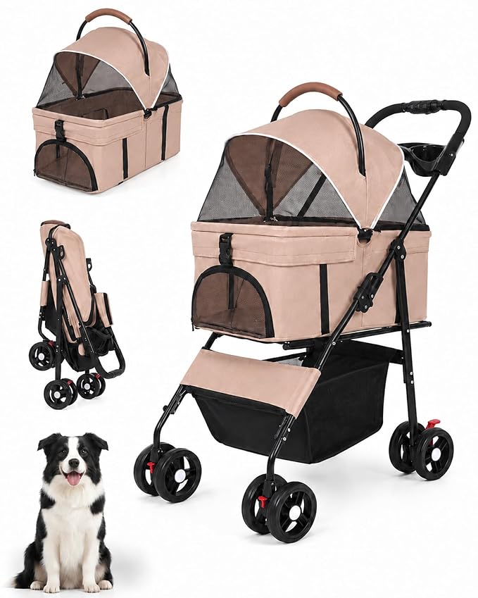 Pet Stroller, 3 in1 Foldable Dog Cat Stroller with Detachable Carrier-Khaki | 35lbs Lightweight Foldable Dog Stroller, All-Terrain 4 Wheels, Compact Travel Pet Stroller for Small to Medium Pets