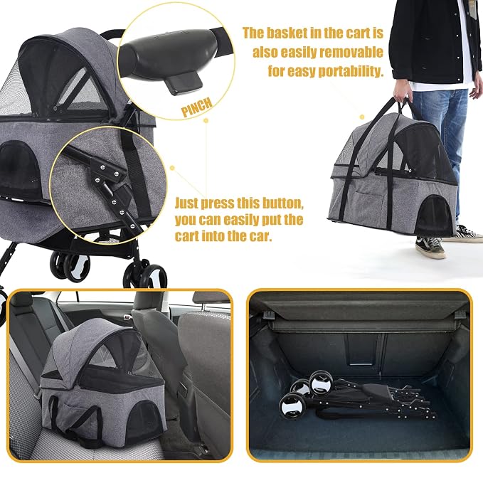 Dog Stroller Cat Stroller Pet stoller 3-in-1 Folding Dog Stroller for Small Medium Dogs Cats with Detachable Carrier Storage Basket Waterproof Lightweight for Travel,Grey
