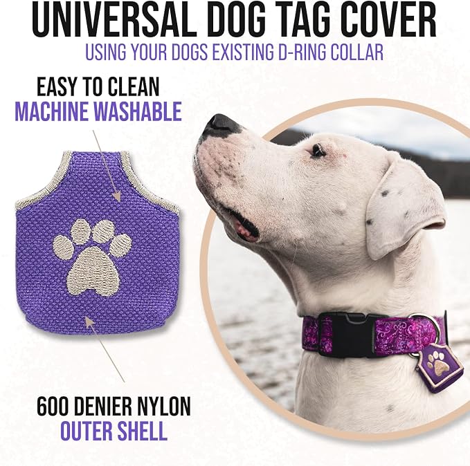 Woofhoof Dog Tag Silencer, Purple Pawprint - Quiet Noisy Pet Tags - Fits Up to Four Pet IDs - Dog Tag Cover Protects Metal Pet IDs, Made of Durable Nylon, Universal Fit, Machine Washable