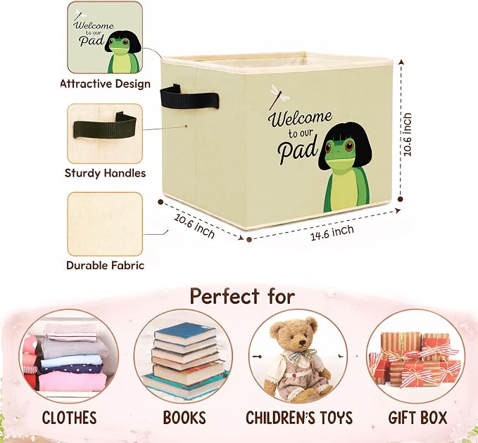 Frog Welcome Storage Bin, Foldable Fabric Organizer Basket | Frog welcome storage bin with “Welcome to our pad” text, soft green background, foldable fabric and handles.