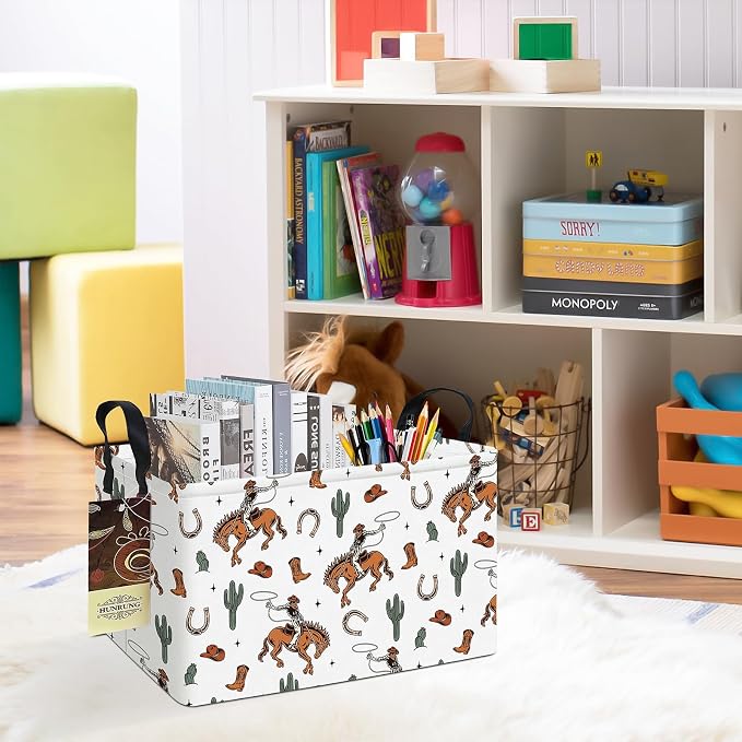 Rectangle Foldable Storage Basket Handles For Home, Cowboy | Waterproof canvas material, reinforced handles, perfect for shelf use, organizes clothes, daily items and pet supplies