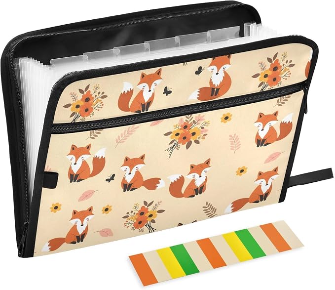 13 Pocket Zipper Expanding File Folder A4 Cartoon Fox Animal | Accordion File Organizer with Front Pouch A4 Letter Size Portable Folders for Documents Receipt School Office Supplies