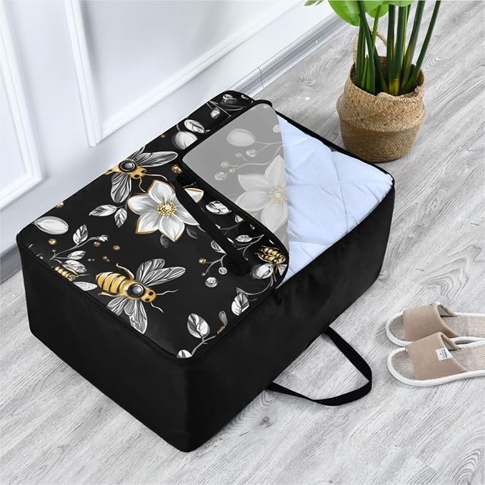 Comforter Storage Bags Large Folding Blanket Organizer Bag with Strong Handles Clear Window Closet Storage Containers for Clothes King Queen Pillows Bedding Quilt Duvet Diamonds Bees Flower