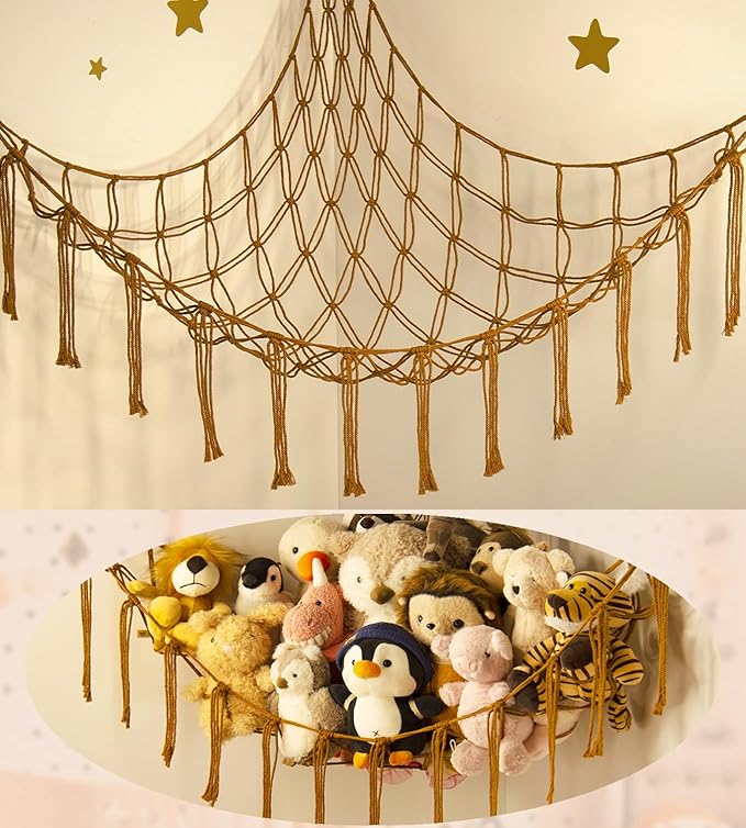 mirolam Stuffed Animal Hammock-Large Stuffed Animal Net For Toys Corner-Hanging Stuff Animal Toy Storage Organizer For Plush Plushie Display Caramel Toy Storage Girl Room Bedroom Boho Nursery Decor