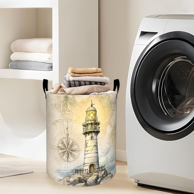 Lighthouse Laundry Basket, Coastal Ocean Compass Map Storage Hamper, Round Collapsible Waterproof Cloth Bin, 19.7x15.7 Inch Rustic Watercolor Clothes Organizer Gifts for Bathroom Decor