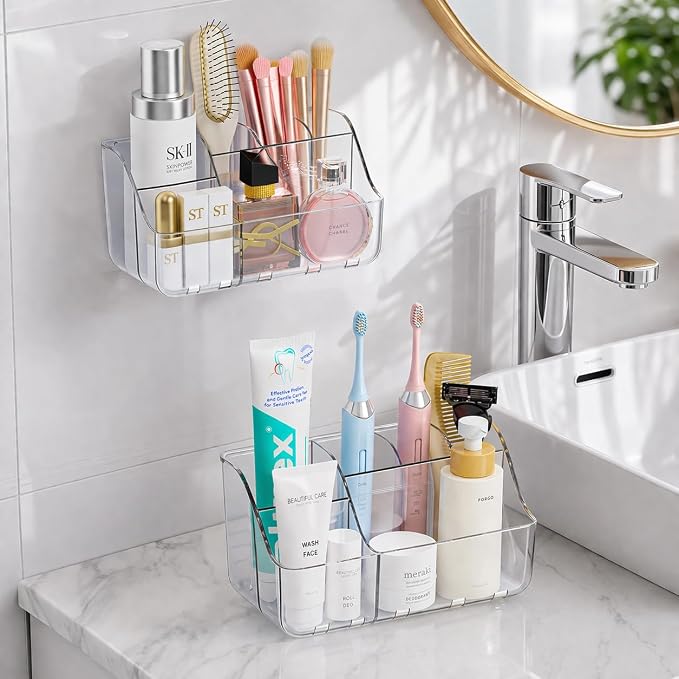 Sotfamily Clear Kids Toothbrush Holders for Bathrooms, 1 Pack(No-Drill) | Space-Saving Wall-Mounted Tooth Brush & Toothpaste Holder for Bathroom Countertop or Wall, Bathroom Organizers and Storage