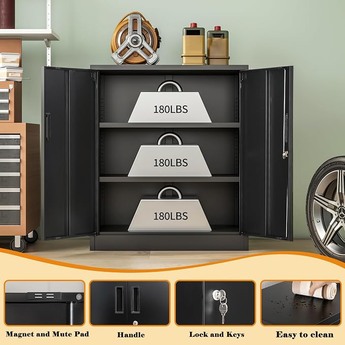 Wanfu Metal Storage Cabinet, 36" H Locking Storage Cabinet with 2 Adjustable Shelves, Metal Cabinets for Garage, Home, Office, Utility Room-Black