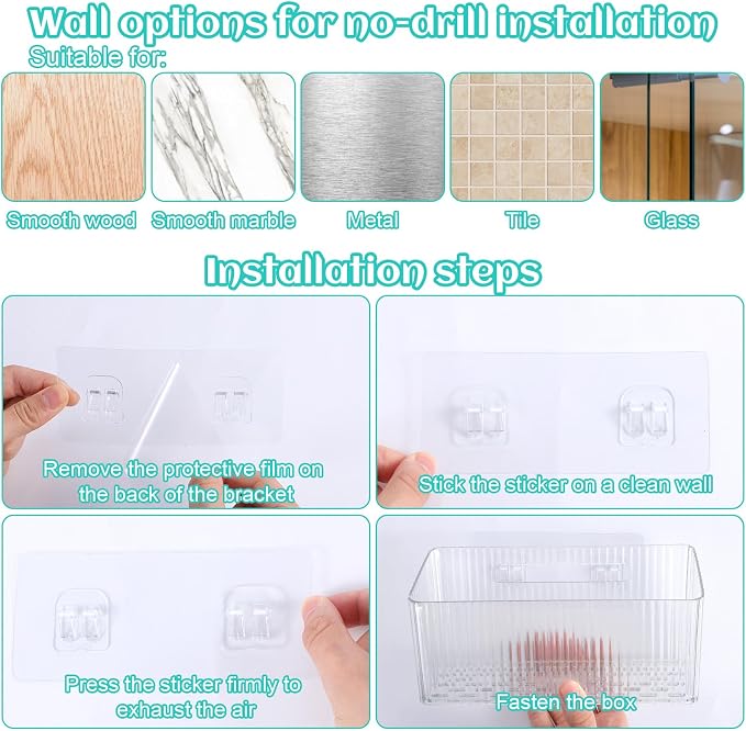 6 Pack Cabinet Organizer, Bathroom Cabinet Door Organizer with Adhesive Hooks, Clear Stackable Inside Cabinets Door Storage Bins, Wall Mounted Acrylic Shower Shelves for Kitchen, Pantry, Office, RV