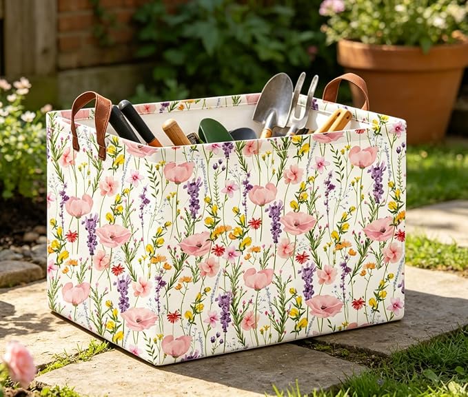 Rectangle Storage Basket with Handles,Collapsible Storage Bin,Books Box,Gift Basket(Flowering Shrubs)