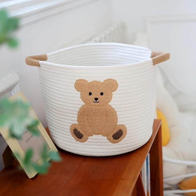 Cotton Rope Basket Toy Storage Baskets for kids Laundry Hamper, Gift Basket Empty Baby Shower Baskets with Handles, Cute Bins Blanket Stuffed Animal Storage for Nursery, Living Room Decor, Bear