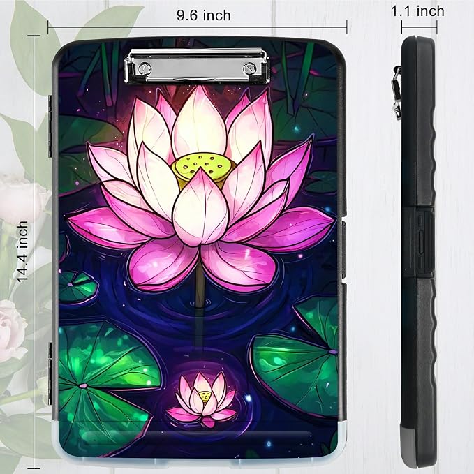 Pink Lotus Flower A4 Clipboard with Storage Pen Holder, Clipboards Organizer Nursing Clipboard Foldable File Folder Plastic Clipboard Folio Clip Board for Office Students Classroom Doctor