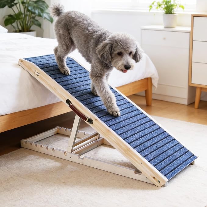 ZJSF Foldable Wooden Dog Ramp for High Bed, Dog Stairs for Small Dogs, High Traction Platform with 6 Adjustable Heights (14"-28"), 48" L, Supports up to 200 lbs