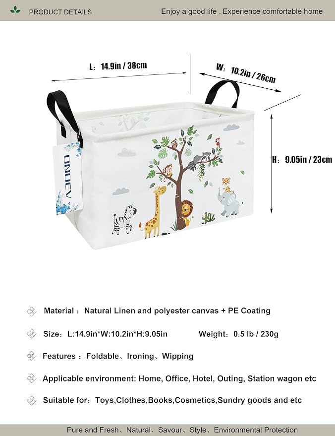 Rectangular Fabric Storage Bin, Foldable Tree Animals print Basket | Damp-proof canvas with reinforced stitched handles.Great for clothes,books & sundries in closets,playrooms,laundry rooms.