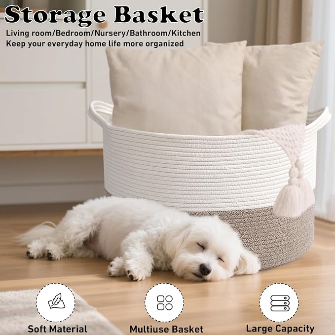 Large Woven Blanket Basket,65L Cotton Rope Laundry Basket | Collapsible Nursery Storage Bin with Sturdy Handles for Clothes, Toys, Pillows, Living Room Bedroom Bathroom - White & Brown
