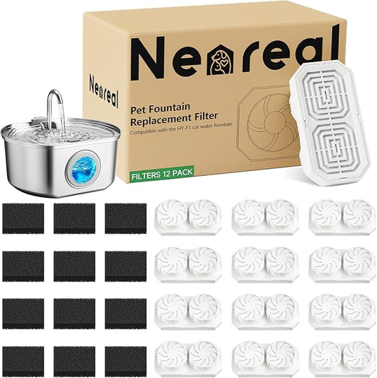 Neareal Cat Water Fountain Replacement Filters & Pre-Filter Sponges Compatible with 74oz/2.2L Stainless Steel Pet Fountain (12 Filters & 12 Sponges)