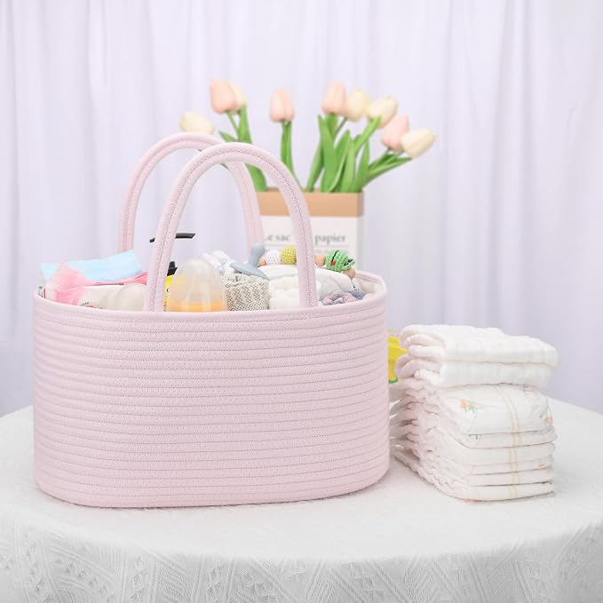 COMSE Baby Diaper Caddy Organizer for Girls, Cotton Rope, Light pink