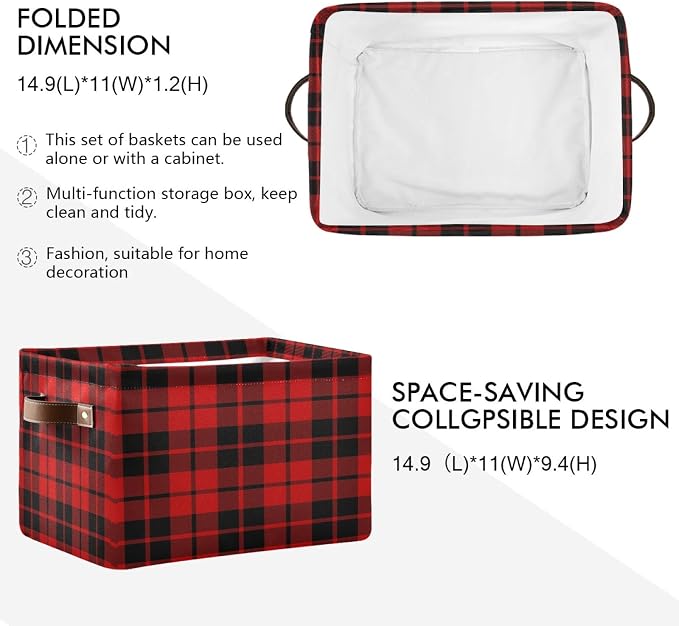 AUUXVA Storage Basket Red Black Christmas Buffalo Plaid Check Storage Cube Box Durable Canvas Collapsible Toy Basket Organizer Bin with Handles for Shelf Closet Bedroom Home Office
